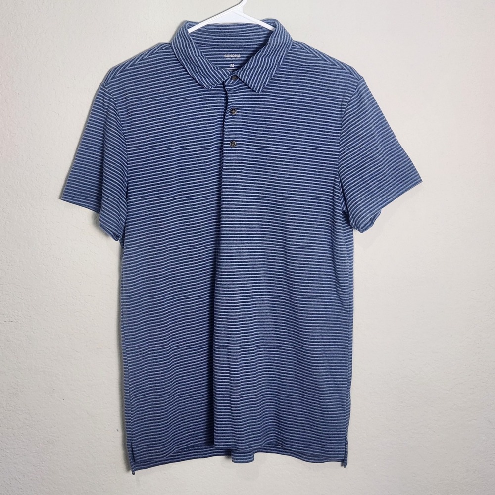 Sonoma Goods For Life Mens M Blue Striped Polo Shirt Short Sleeve Casual Classic